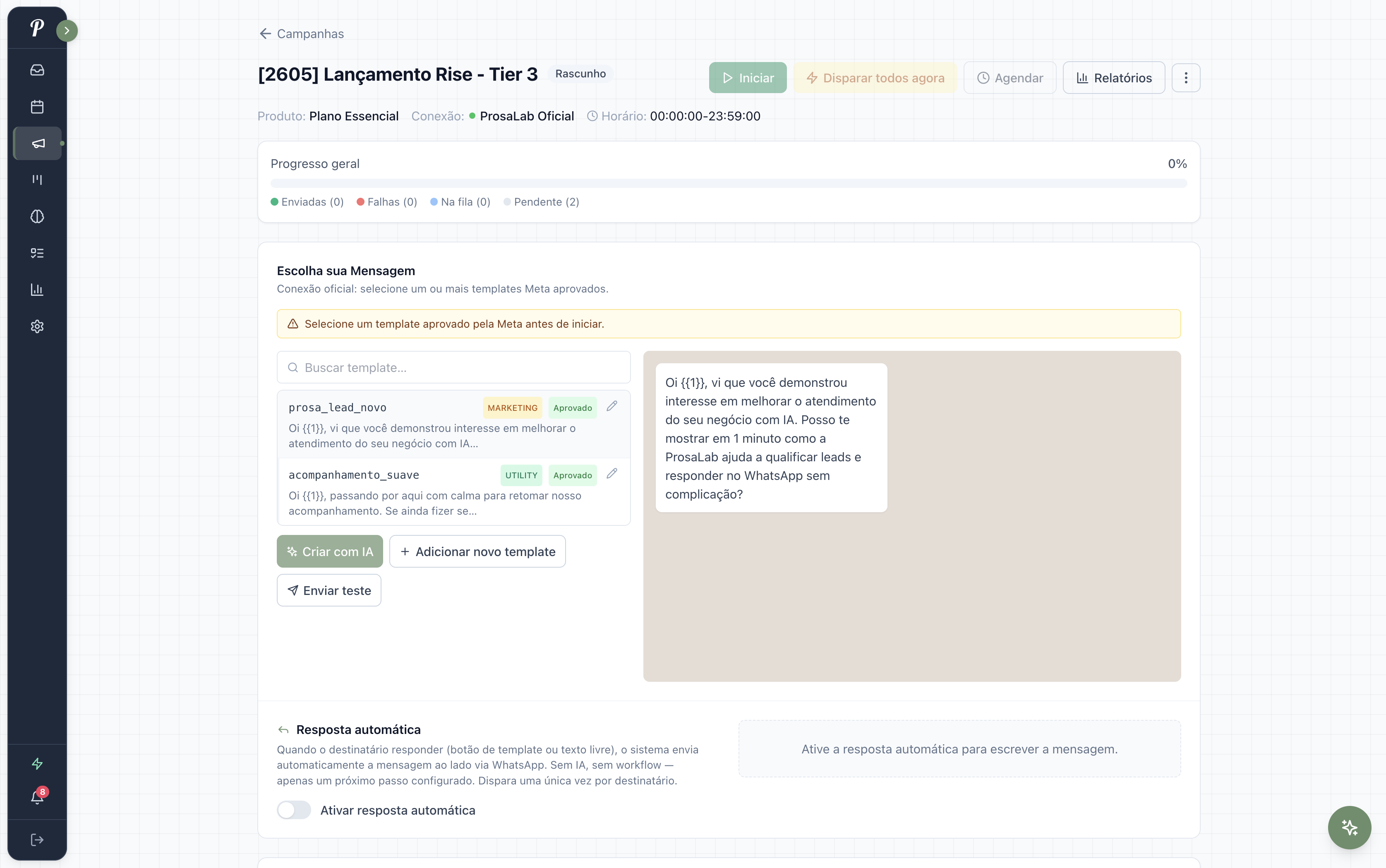Detalhe de campanha com template Meta aprovado e mensagem escrita com IA