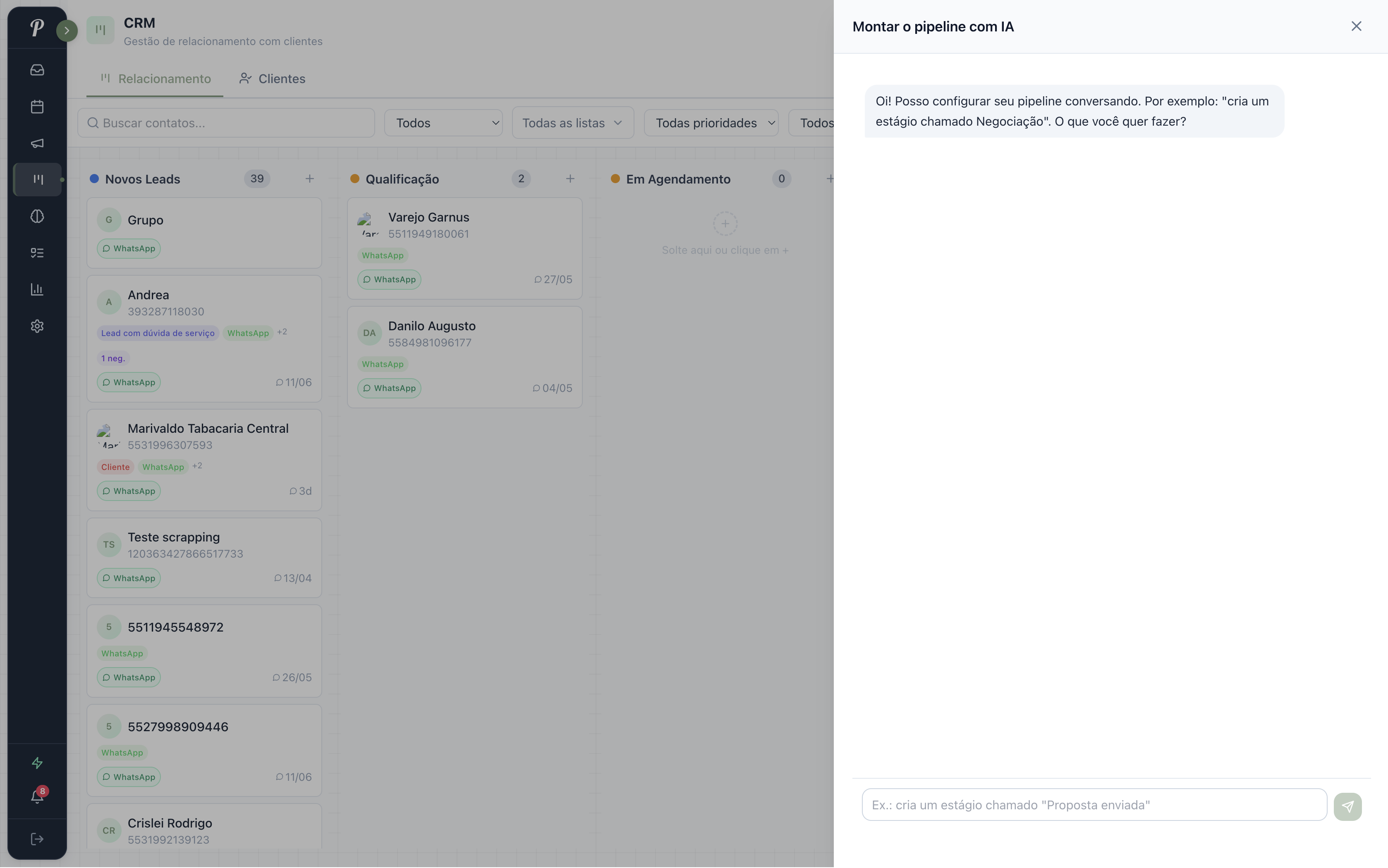 CRM Kanban com painel para montar o pipeline conversando com a IA