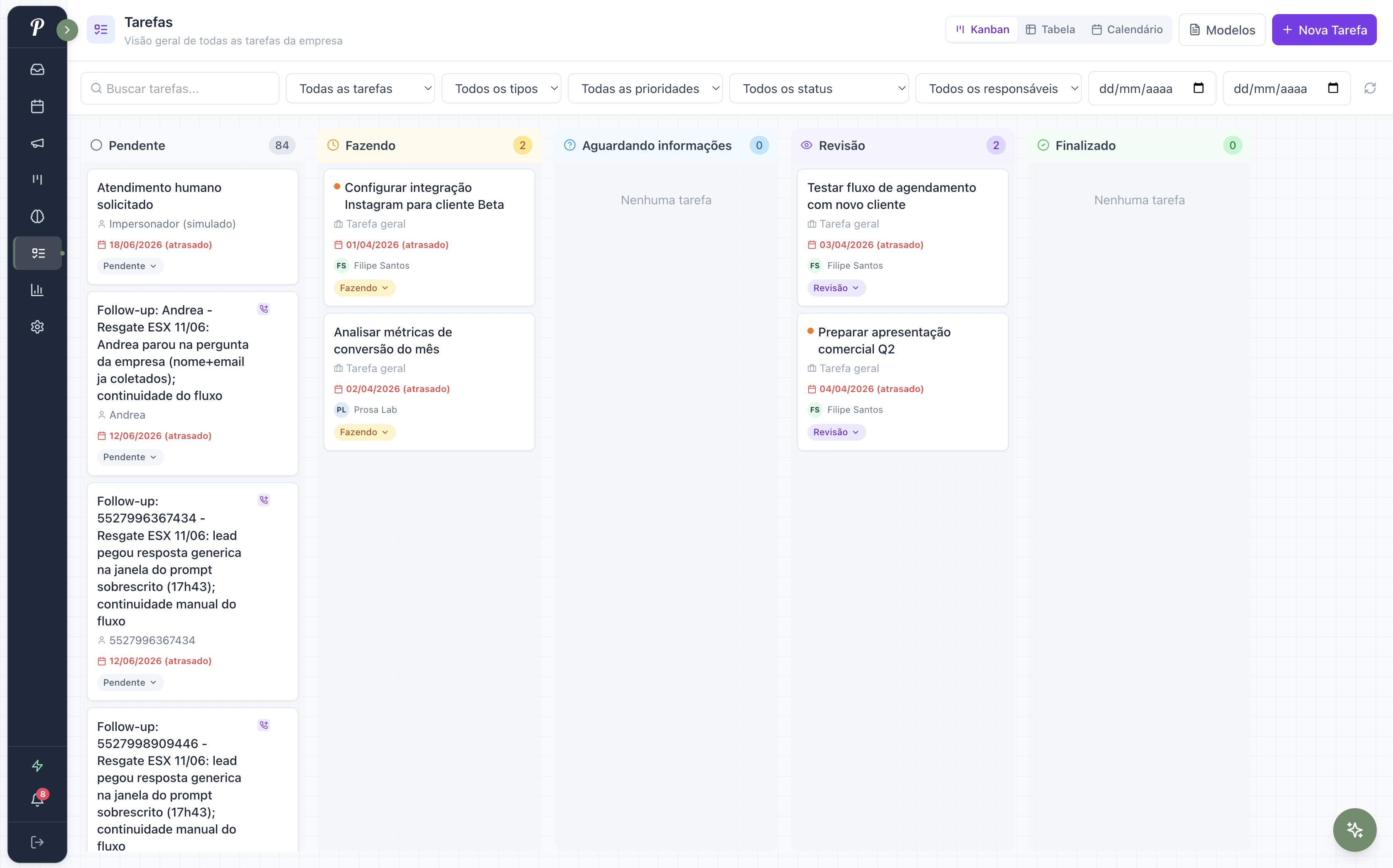 Tarefas em Kanban com colunas pendente, fazendo, revisão e finalizado